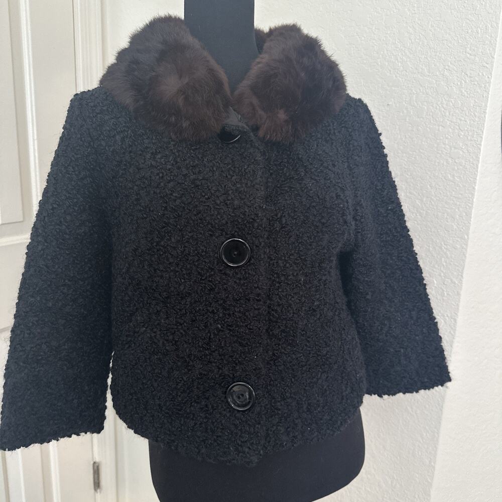 Vintage I Magnin Cropped Jacket Mink Collar 3/4 Sleeve Nubby Wool Black Small